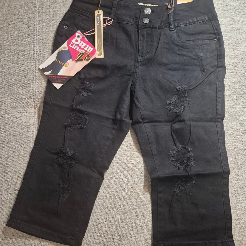 Hybrid Company Womens Black Distressed Bum Lifter Capri Jeans High Waist Size 11